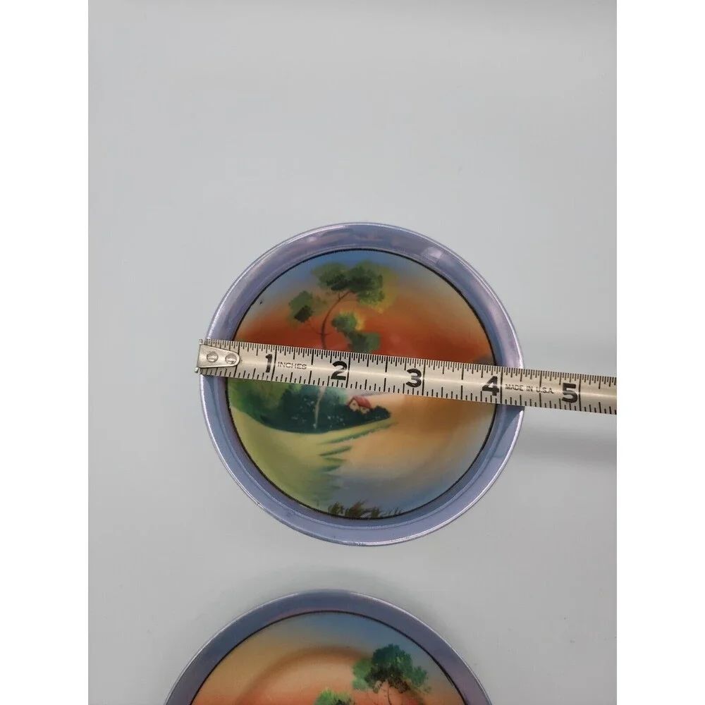 Japan Footed Rice Bowl & Plate Blue Luster Edge Hand Painted Sunset Water House